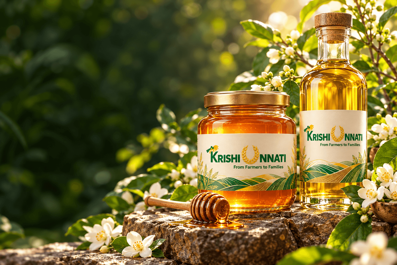Concept honey and cold-pressed oil packaging in a sunlit botanical setting