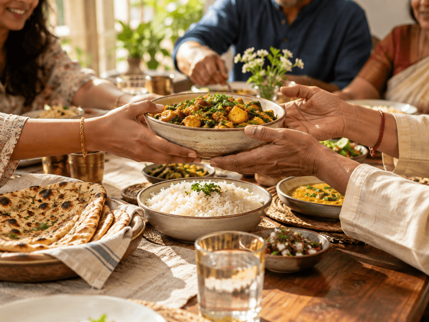 Illustrative family sharing a meal around a sunlit table